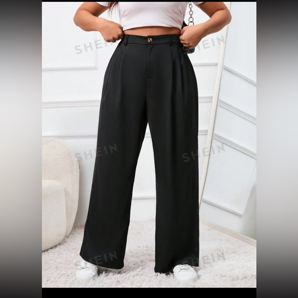 SHEIN EZwear Plus Spring Plicated Detail Wide Leg Black Suit Pants
